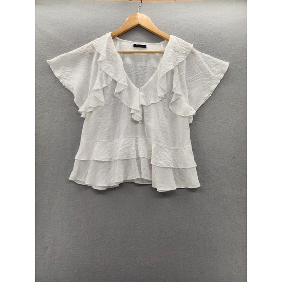 Zara Tops - Zara White Ruffle Peplum Blouse Womens Medium Textured V-Neck Flutter Sleeve Top